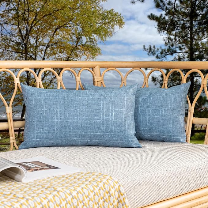 Kevin Textile Outdoor Waterproof 12”x20” Pillow Covers 2 Pack, Light Blue | Water Resistant, Soft Faux Linen-cotton Yarn-dyed Woven Texture Throw Pillow Covers for Tent Patio Garden Couch Sofa