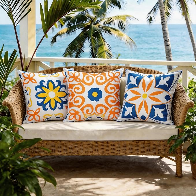 Outdoor Pillow Covers Waterproof Cushion Covers Patio Pillows Case 2 Pack | 18x18inch,Printed Boho Flowers,Seamless,Hidden Zipper,Machine Washable,Perfect decoration for Porch,Patio,Balcony