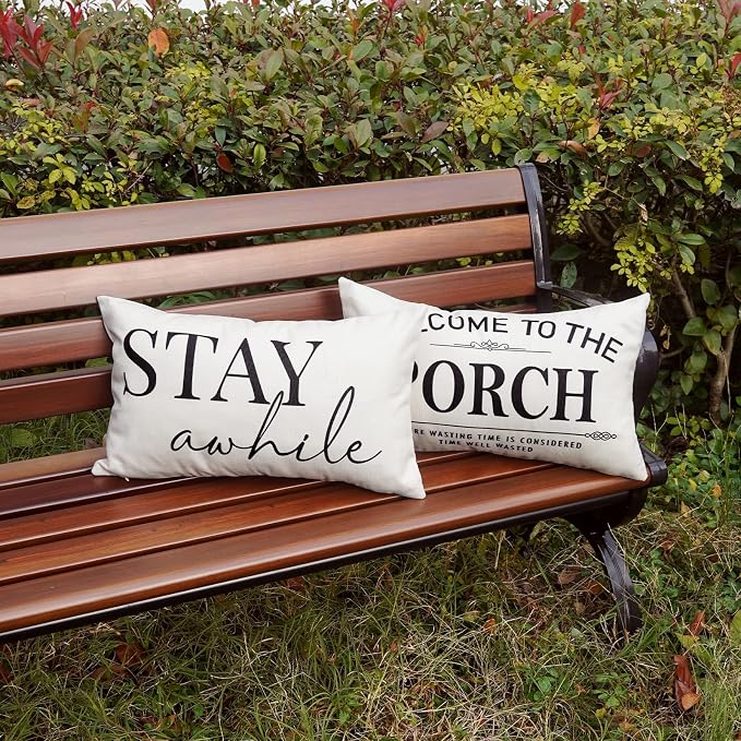 Welcome to Our Porch Stay Awhile Waterproof Outdoor Pillow Covers 12x20 Set of 2 Farmhouse Patio Furniture Decorations for Outside Garden Decor