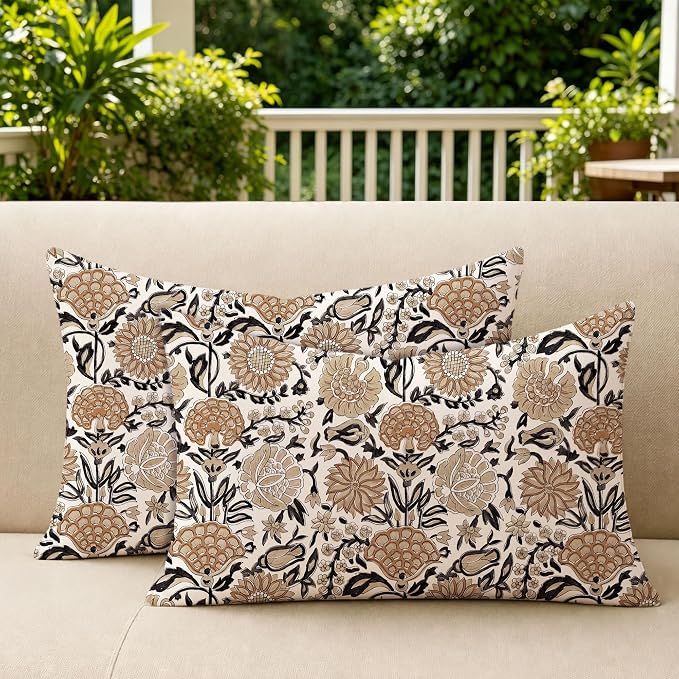 Allorry Outdoor Waterproof Pillow Covers 12x20 Brown Floral Outdoor Decor | Set of 2 Vintage Floral Block Print Pillow Cover,Farmhouse Boho Decorative for Spring Summer Outdoor Sofa Bedroom Decor