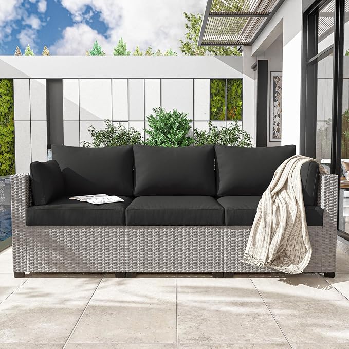 Outdoor Furniture Replacement Cushions, Waterproof Patio Furniture Cushions, 4" Deep Seat Outdoor Sectional Cushion for 3-Seat Outdoors Rattan Sofa Patio Sofa Cushion, Black