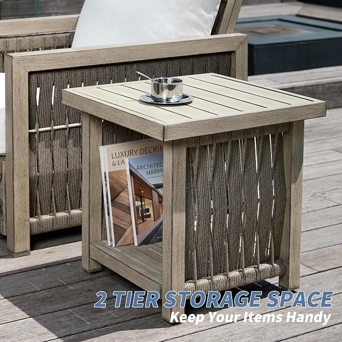 3 Pieces Patio Furniture Set, Outdoor Patio Sofa Set with 2 Armchair & Side Table, All-Weather Aluminum Garden Outdoor Contemporary Sofa Chair with Cushion for Porch Yard Deck, Gray Oak