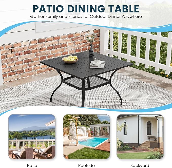 5 Pieces Patio Dining Set, 38" Square Dining Table with Umbrella Hole, 4 Stackable Textilene Fabric Chairs, Metal Structure for Patio, Porch, Garden(Black Table, Grey Chair)