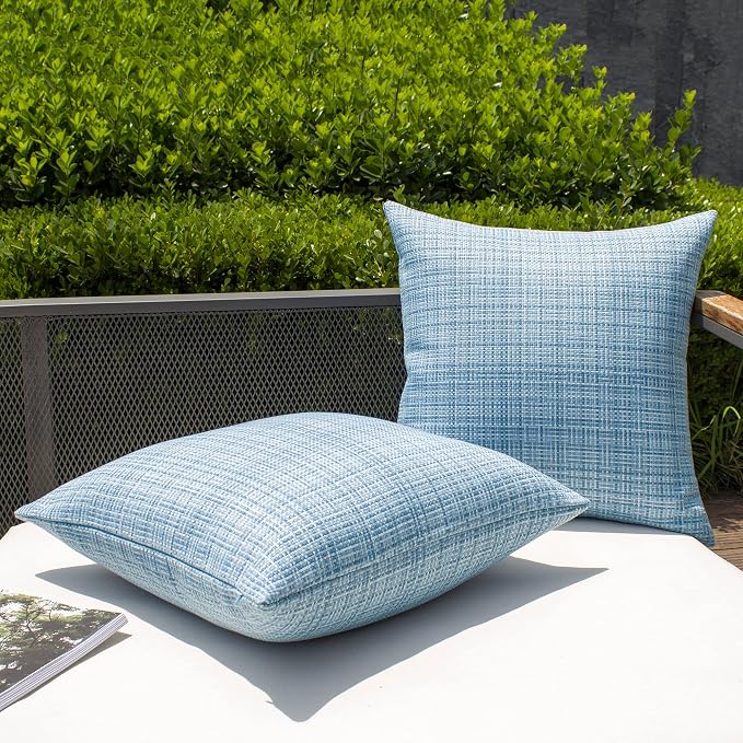 Kevin Textile Outdoor Waterproof 18"x18" Pillow Covers 2 Pack, Light Blue | Water Resistant, Faux Linen Yarn-dyed, Woven Texture Throw Pillow Covers for Tent Patio Garden Couch Sofa