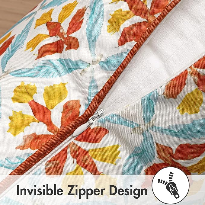 MIULEE Outdoor Floral Pillow Covers Waterproof 20x20 Orange Teal Red | Decorative Block Print,Boho Farmhouse, Set of 2 Coastal Summer Cushion Covers with Piping,Garden Patio Furniture Porch Couch