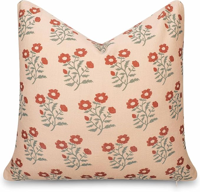 Modern Farmhouse California Casual Indoor Outdoor Throw Pillow Cover, 20"x20" Water Repellent for Patio, Backyard, Couch, Poolside, Rust Orange Green Print Block Painting Flowers