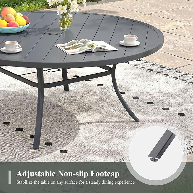 Outdoor Dining Table for 8, 60" Round Outdoor Table with Adjustable Umbrella Hole, All-Weather Metal Patio Dining Table for Lawn Garden Backyard Deck, Dark Grey
