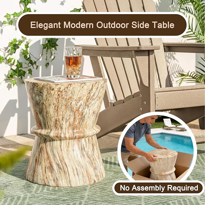 Outdoor Concrete Side Table,Contemporary Hourglass Accent Table with Faux Stone Coffee Tables for Indoor Outdoor,Garden End Table for Porch,Backyard Patio Living Room-15.55" Amber Brown MgO