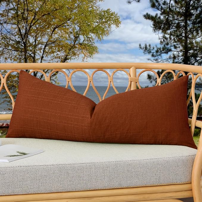 Kevin Textile Outdoor Waterproof 14”x36” Pillow Cover 1 Pack, Burnt Orange | Water Resistant, Soft Faux Linen-cotton Yarn-dyed Woven Texture Throw Pillow Covers for Tent Patio Garden Couch Sofa