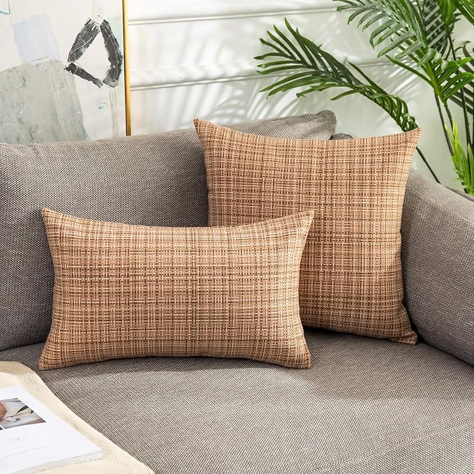 Kevin Textile Outdoor Waterproof 18x18 Inch Pillow Covers 2 Pack, Beige | Water Resistant, Faux Linen Yarn-dyed, Woven Texture Throw Pillow Covers for Tent Patio Garden Couch Sofa