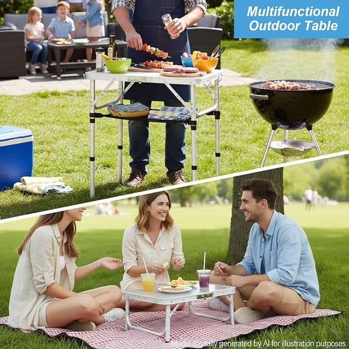 YUFIFAIRY Small Folding Table Portable, 24''L x16''W Foldable Camp Table with 3 Adjustable Height, Indoor Outdoor Lightweight Aluminum for Outdoor Cooking Picnic, (3 Heights)