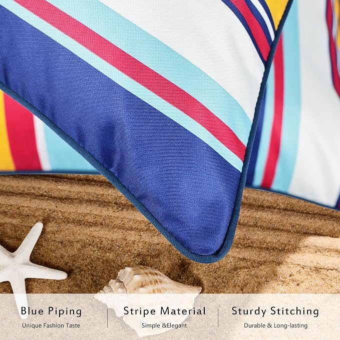Waterproof Outdoor Pillow Covers 12x20 Inch Set of 2, Colorful Stripe Decorative Throw Pillow Cover with Piping, Modern Farmhouse Cushion Cases for Summer Patio Garden Porch Balcony Beach