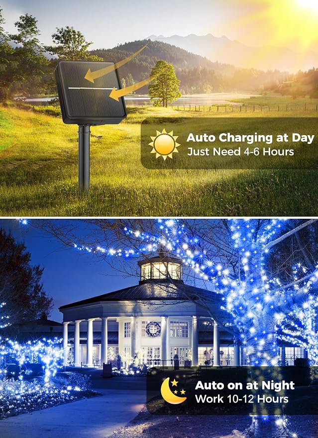 Minetom Solar Christmas Lights Outdoor Waterproof, 40FT 100 LED Solar Light | Solar Christmas Outdoor Decoration with 8 Modes, Solar String Lights for Outside House Tree Yard Garden, Blue & Pure White