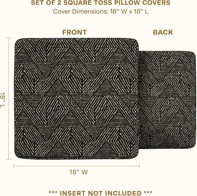 Honeycomb Outdoor Square Toss Pillow Covers, 18 x 18, 2-Pack | Zaire Black Slipcovers, Water & Fade Resistant for Patio Furniture Set, Cover Only, No Insert