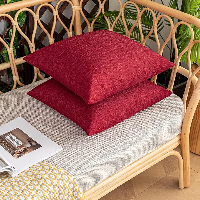 Kevin Textile Outdoor Waterproof 26”x26” Pillow Covers 2 Pack, Red | Water Resistant, Soft Faux Linen-cotton Yarn-dyed Woven Texture Throw Pillow Covers for Tent Patio Garden Couch Sofa