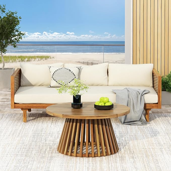 Merax Outdoor Acacia Wood Conversation Set, 3-Seat Loveseat Sofa w/Coushion and Round Coffee Table for Backyard, Patio Furniture, Teak+Beige
