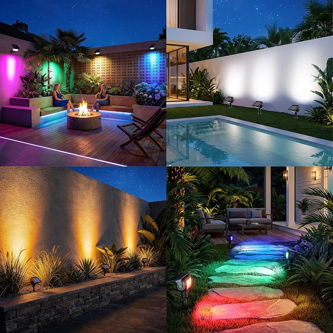 Brizled Solar Spot Lights Outdoor Color Changing 4 Pack Landscape Spotlight | RGB 9 Color 11 Mode; 360° Rotation; Waterproof; Stake/ Wall Mounted LED Uplights for Outside Halloween Xmas Yard Tree Garden