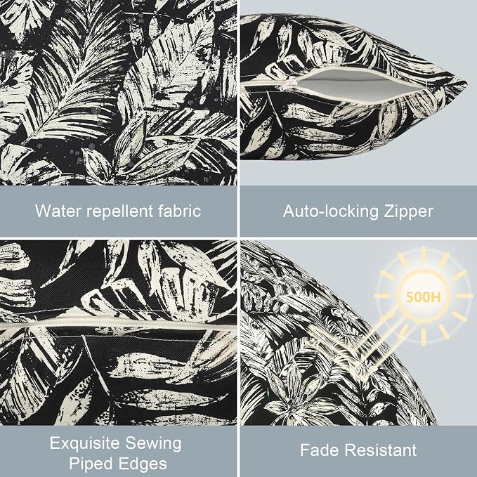 LVTXIII Outdoor/Indoor Lumbar Pillow Covers, Patio Decorative Lumbar Pillow Covers, All Weather Cushion Cases for Sofa, Patio Couch Decoration 12x20, 2 Pack, Tropical Leaf Black