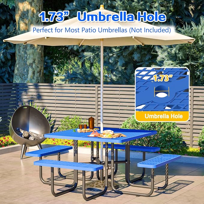 46'' Square Metal Picnic Table with 1.73" Umbrella Hole, Heavy-Duty Commercial Grade Steel Table Set, Rust Resistant Mesh Tabletop, Smooth Round Corner Design for Patio, Garden, Park & BBQ, Blue