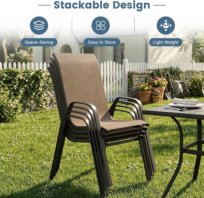 DIFY 11 Piece Outdoor Dining Set, 63" Walnut Round Metal Dining Table and Brown Textilene Stackable Patio Chairs, Patio Table and Chairs Set for 10 with Umbrella Hole for Backyard Garden Deck