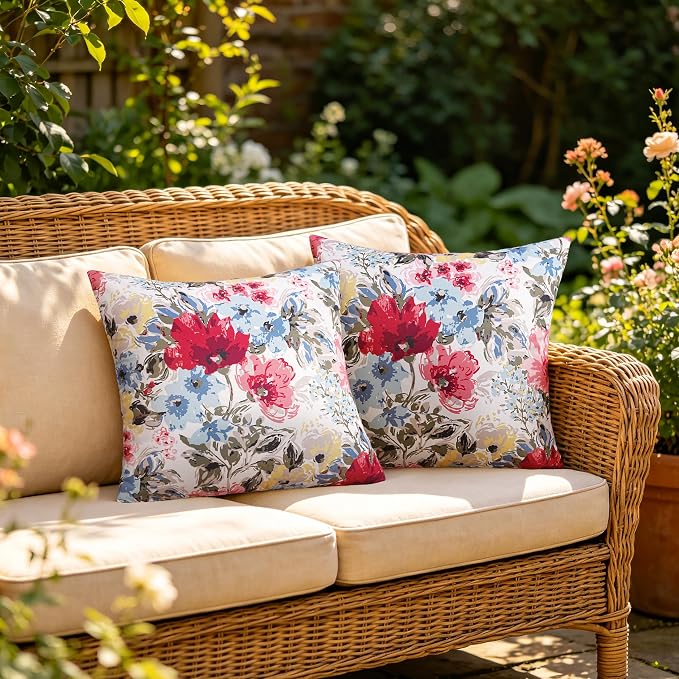 Merrycolor Pack of 2 Outdoor Waterproof Throw Pillow Covers 18x18 Summer Red Floral Decorative Square PillowcaseOutdoor Pillow Covers for Patio Furniture Garden