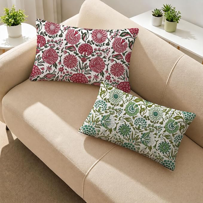 Allorry Outdoor Waterproof Pillow Covers 12x20 Green Floral Outdoor Decor | Set of 2 Vintage Floral Block Print Pillow Cover,Farmhouse Boho Decorative for Spring Summer Outdoor Sofa Bedroom Decor