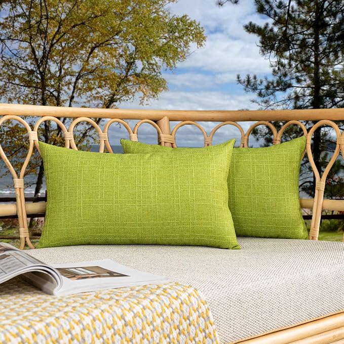 Kevin Textile Outdoor Waterproof 14”x24” Lumbar Pillow Covers 2 Pack, Green | Water Resistant, Soft Faux Linen-cotton Yarn-dyed Woven Texture Throw Pillow Covers for Tent Patio Garden Couch Sofa