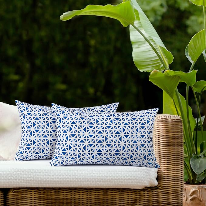 Outdoor Lumbar Pillow Covers 12x20 Inch, Pack of 2, Blue Geometric, Waterproof, Perfect for Patio Furniture, Tent, Garden, Cover ONLY