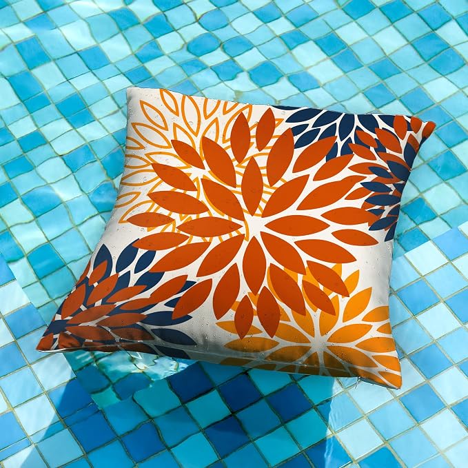 DFXSZ Outdoor Waterproof Pillow Covers 20x20 Set of 2 Orange Blue Flower | Spring Summer Waterproof Flower Throw Pillowcases（No Inserts）Outdoor Decor for Fall Patio Funiture Garden Polyester Covers