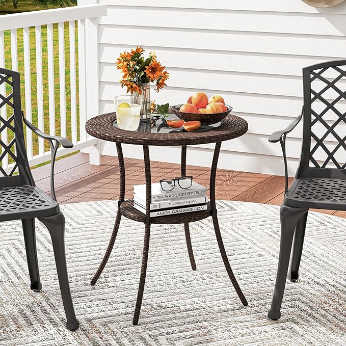 Tangkula 25.5" Wicker Patio Dining Table, Outdoor Round Bistro Side Table with Tempered Glass Top and Storage Shelf, for Balcony, Garden and Backyard
