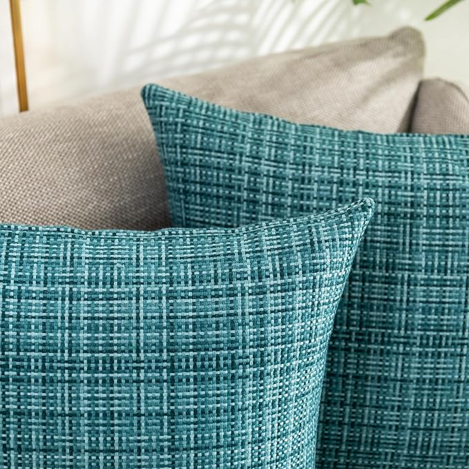Kevin Textile Outdoor Waterproof 14"x24" Lumbar Pillow Covers 2 Pack, Teal | Water Resistant, Faux Linen Yarn-dyed, Woven Texture Throw Pillow Covers for Tent Patio Garden Couch Sofa
