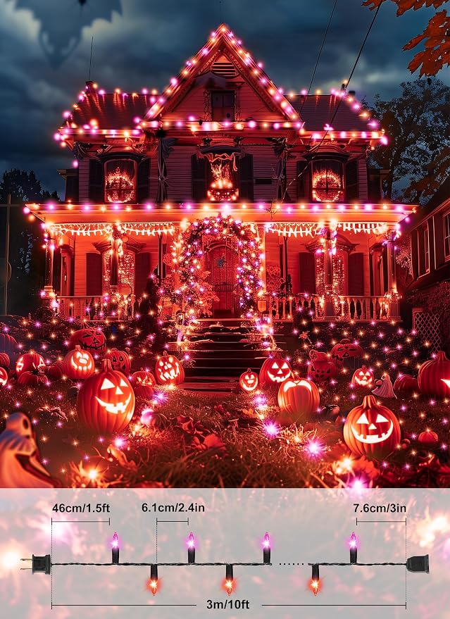 2 Pack Orange & Purple Halloween Mini Lights, 10 Ft 50 Count String Lights | Total 100 Count Incandescent, Connectable Halloween Light for Haunted House Party Holiday Window Indoor Decoration
