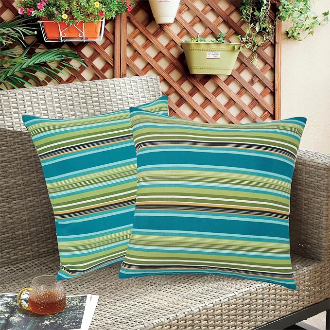 FUNHOME Outdoor Throw Pillows with Insert 18x18 Inch Pack of 2-Green Stripe | Decorative Throw Pillows with Inserts, Water-Repellent, Square Pillows for Bed, Couch, Sofa and Patio Furniture