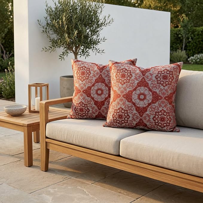 RSH DECOR: Outdura Square Throw Pillows Set of 2 | 24" x 24" | Water and Fade-Resistant Performance Fabric | Outdoor Pillow Covers with Down-Alternative Inserts | Made in USA (Ayorline Flamin)
