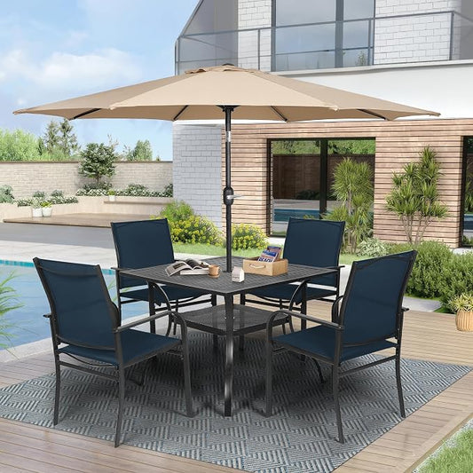 Crownland 5 Piece Patio Dining Set, Outdoor Textilene Dining Sets, 4 Textilene Metal Chairs and Square Outdoor Dining Table with Khaki 9FT Round Outdoor Umbrella (Blue)