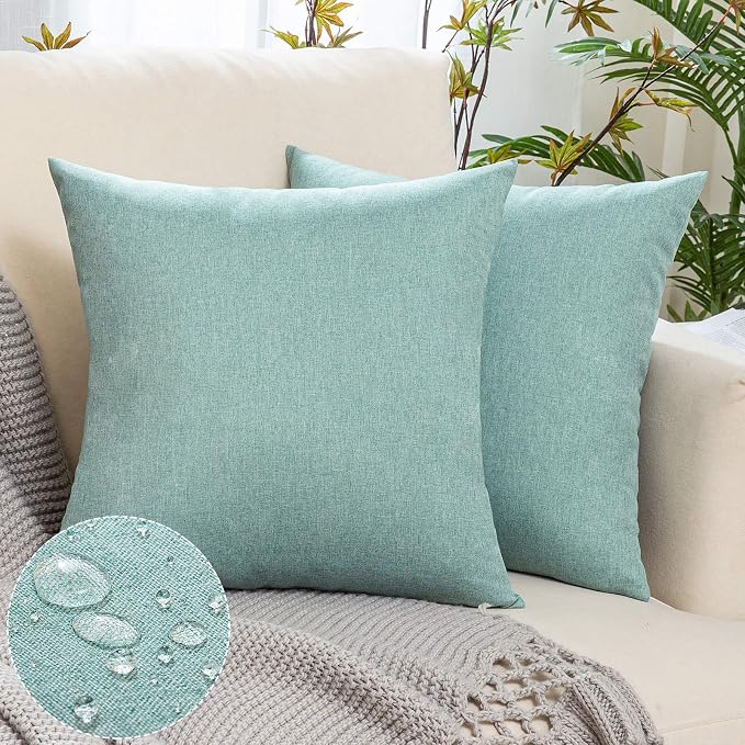 Outdoor Waterproof Throw Pillow Covers Teal 20x20 Set of 2 | Decorative Farmhouse Linen Pillowcases Solid Cushion Cases for Patio Tent Balcony Couch Sofa Living Room