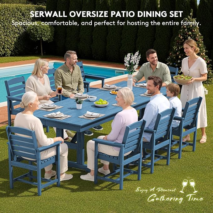 SERWALL Outdoor Dining Chairs Set of 4, All-Weather HDPE Patio Chair with 19.7" Widened Seat, for Backyard, Garden, Blue