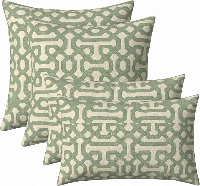 RSH DECOR: Sunbrella Lumbar & Square Pillows Set of 4 | 20" x 12" & 20" x 20" | Water and Fade-Resistant Performance Fabric | Outdoor Throw Pillows for Patio Furniture | Made in USA (Fretwork Mist)