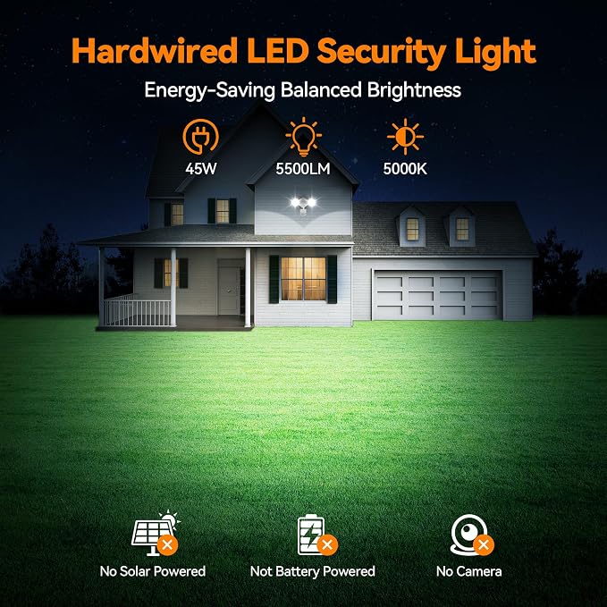 45W 5500LM PIR Motion Sensor Outdoor Lights, Dual Head LED Flood Light, 5000K Daylight, IP65 Waterproof Hardwired Dusk to Dawn Motion Detector Security Light for Outside Garage Yard (White)