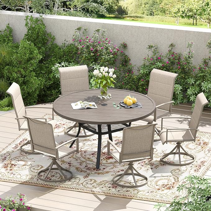 Patio Dining Table for 4-6, Round Metal Outdoor Table with 1.57" Umbrella Hole, 47" Outdoor Slat Tabletop Dining Table for Backyard, Porch, Lawn, Grey