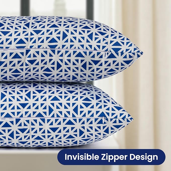 Outdoor Lumbar Pillow Covers 12x20 Inch, Pack of 2, Blue Geometric, Waterproof, Perfect for Patio Furniture, Tent, Garden, Cover ONLY