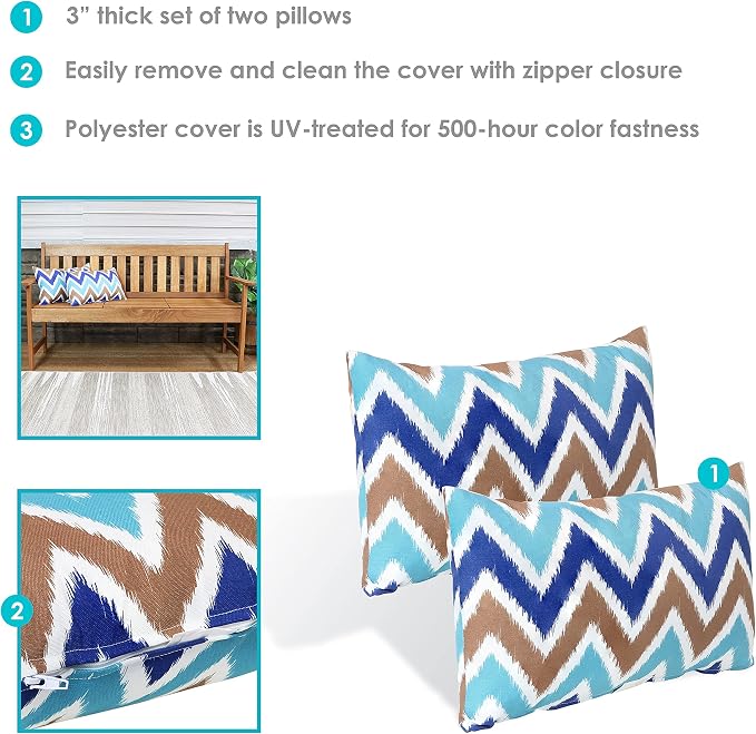 Sunnydaze Indoor and Outdoor Decorative Lumbar Pillows Set of 2 with Zipper Closures and Inserts - 12 x 20 Inch Rectangular Throw Pillows - Weather-Resistant Polyester - Chevron Bliss