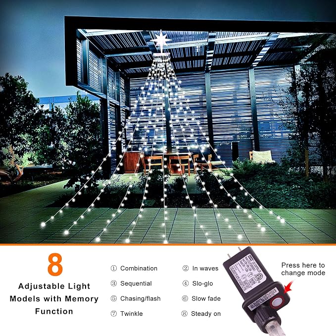 Christmas Decorations, Outdoor Christmas Lights, 320 LED Outdoor Christmas Tree String Lights with 12" Star Toppers [8 Modes& Waterproof] for Xmas New Year Holiday Decor (Dipper White)