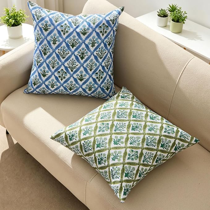 Allorry Floral Outdoor Pillow Covers 20x20 Blue Outdoor Waterproof Decor | Set of 2 Vintage Floral Block Print Pillow Cover,Farmhouse Boho Decorative for Spring Summer Outdoor Sofa Bedroom Decor
