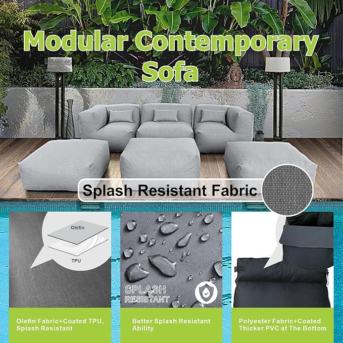 Patio Furniture Set Bean Bag 6 Pieces Outdoor Chairs Sectional Conversation Patio Set Daybed Furniture Outdoor Sofa Couch High Density Foam Filling Modern Comfy Patio Couch, Dark Gray