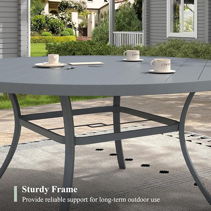 Outdoor Dining Table for 8, 60" Round Outdoor Table with Adjustable Umbrella Hole, All-Weather Metal Patio Dining Table for Lawn Garden Backyard Deck, Dark Grey