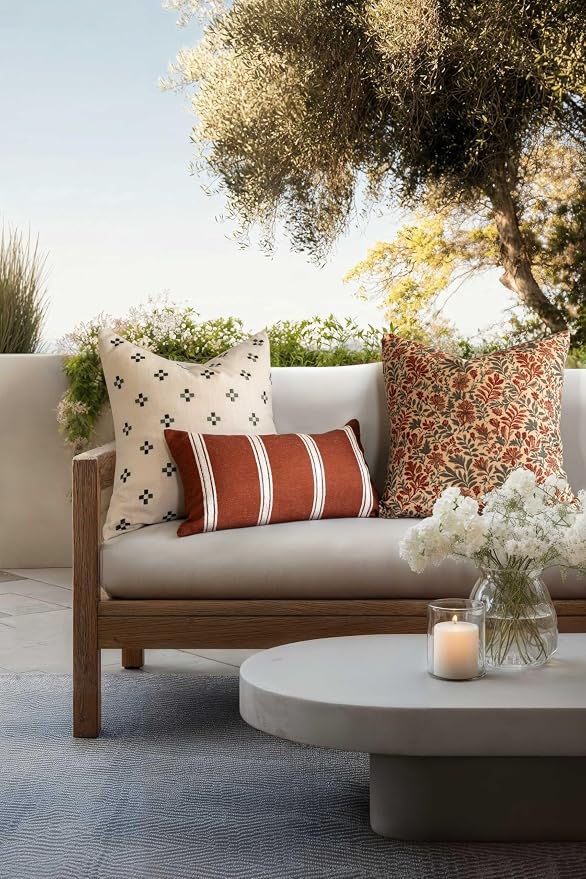 Modern Farmhouse California Casual Indoor Outdoor Throw Pillow Cover, 20"x20" Water Repellent for Patio, Backyard, Couch, Poolside, Rust Orange Print Sketch Botanical Flowers and Leaves