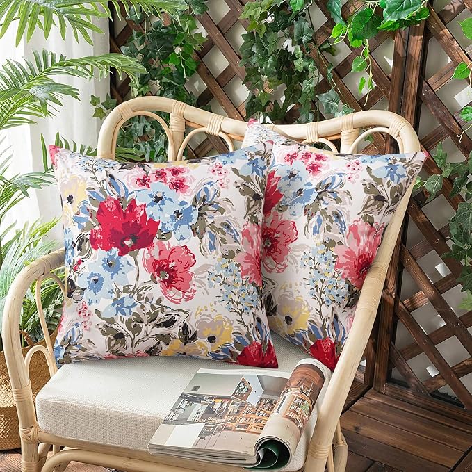 Merrycolor Pack of 2 Outdoor Waterproof Throw Pillow Covers 18x18 Summer Red Floral Decorative Square PillowcaseOutdoor Pillow Covers for Patio Furniture Garden