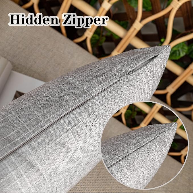 Kevin Textile Outdoor Waterproof 22”x22” Pillow Covers 2 Pack, Grey | Water Resistant, Soft Faux Linen-cotton Yarn-dyed Woven Texture Throw Pillow Covers for Tent Patio Garden Couch Sofa