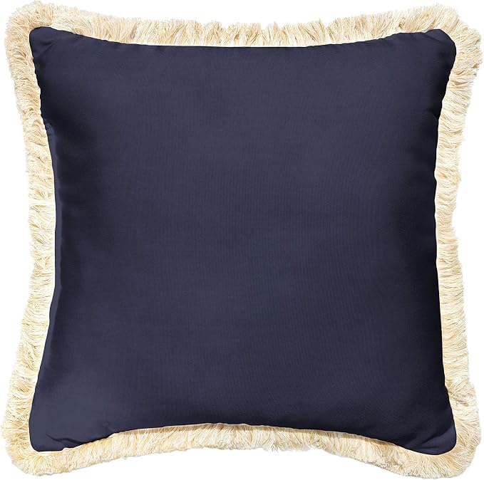Sorra Home x Sunbrella Trim Fringe Pillow, 18 x 18 x 6 inches, Canvas Navy/Tan and White